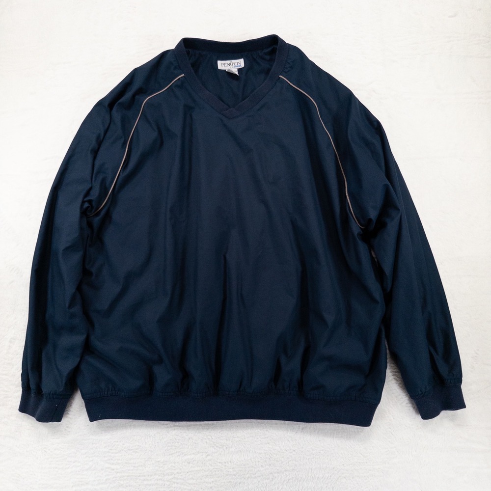 Penguin Sport Mens Windbreaker Pullover 2X Navy Blue V-Neck Golf Jacket Piping